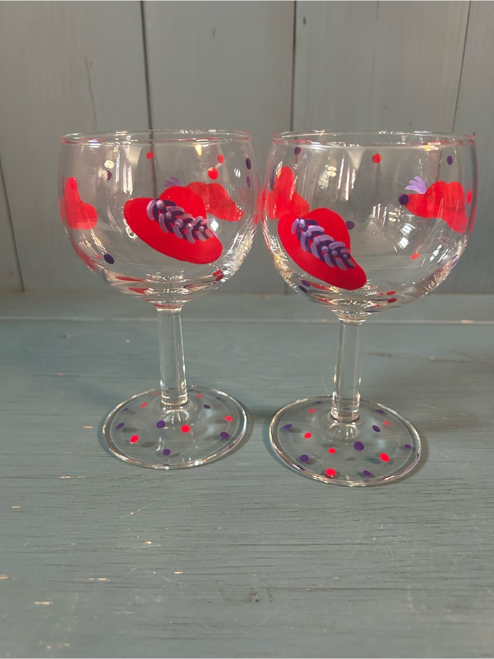 Red Hat Society Hand-Painted Wine Glasses w/Polka Dots - Set of 2